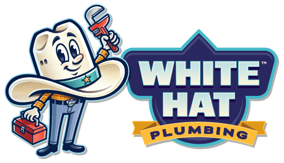 White Hat Plumbing logo, a smiling cowboy hat holding a wrench