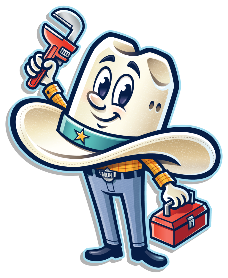 The White Hat mascot, a smiling white cowboy hat holding a red wrench and a red toolbox