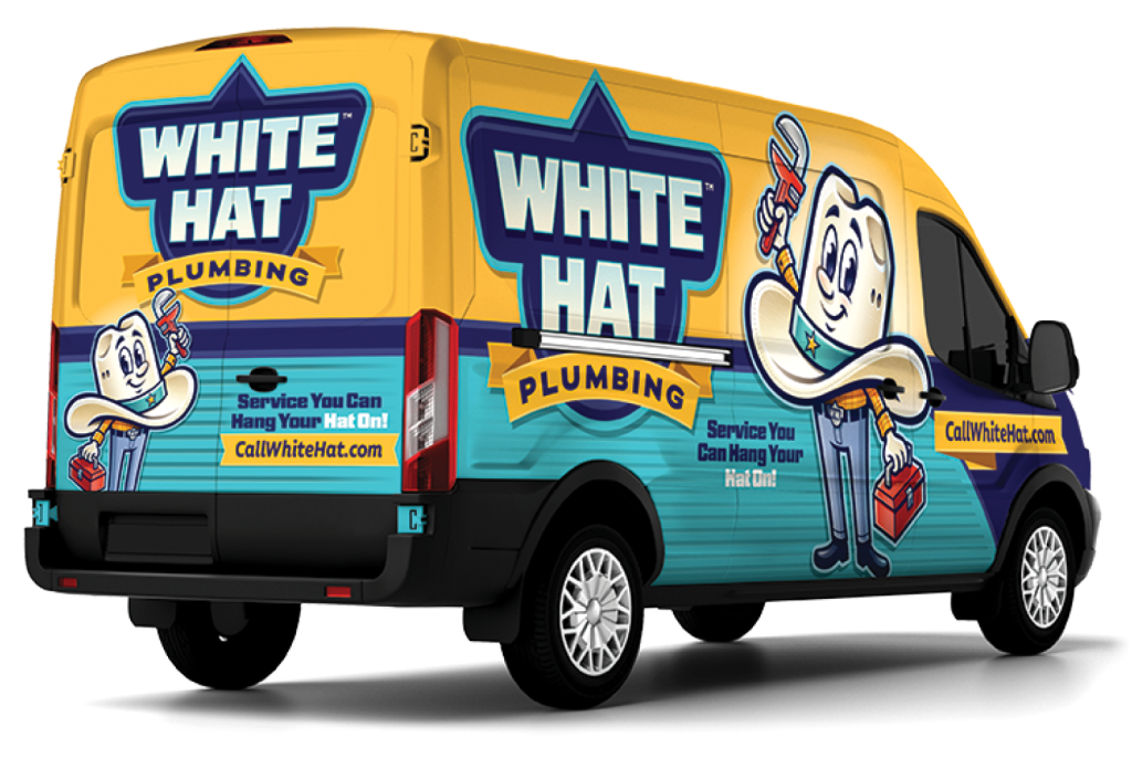The White Hat Plumbing service van, wrapped in yellow, teal, and navy with the cowboy hat mascot